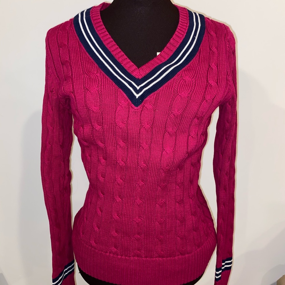 Ralph Lauren VNeck Cable Knit Sweater with Stripes